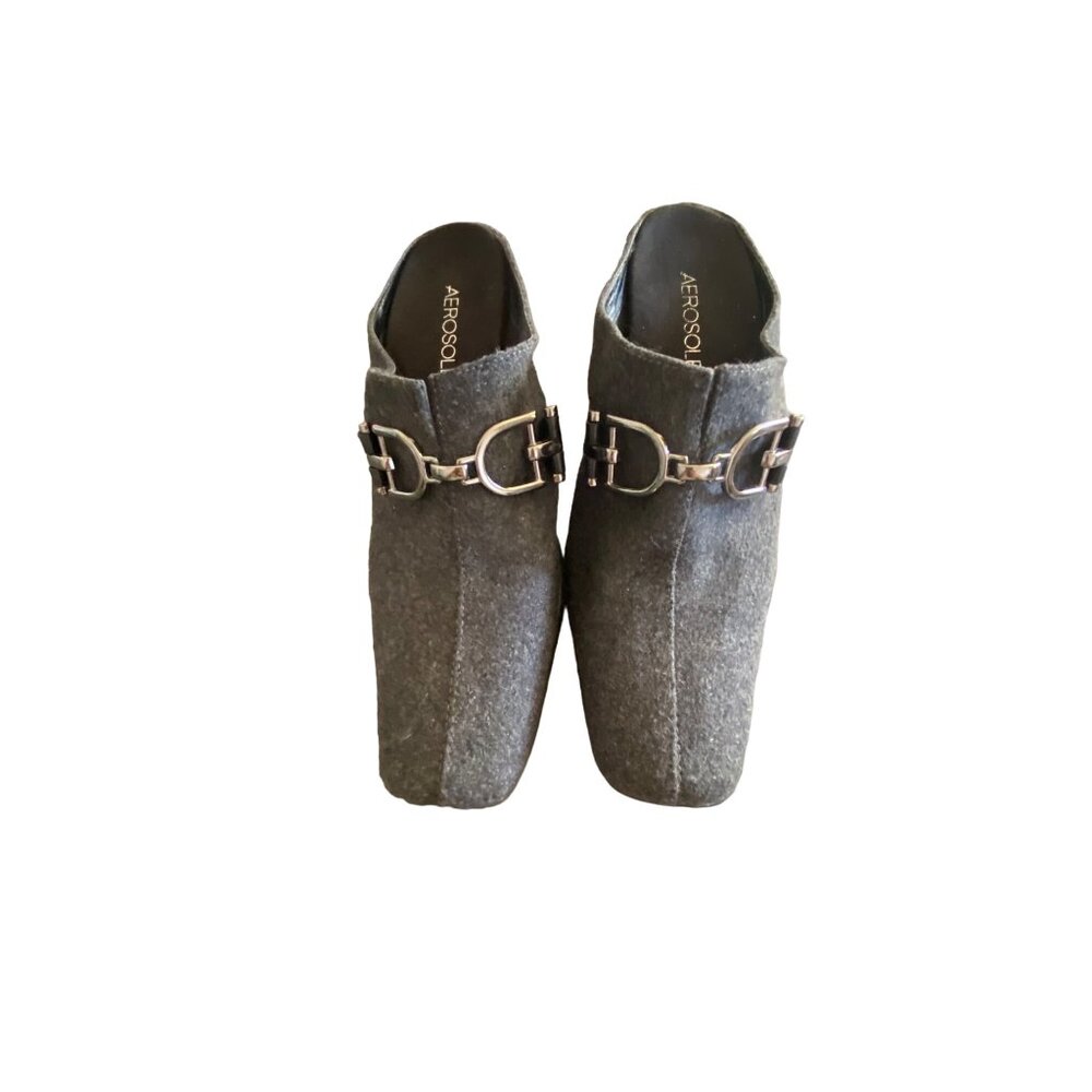 Aerosoles Cinfluence Gray Felt Slide Mules Horsebit Buckle 3" Heel Office Casual